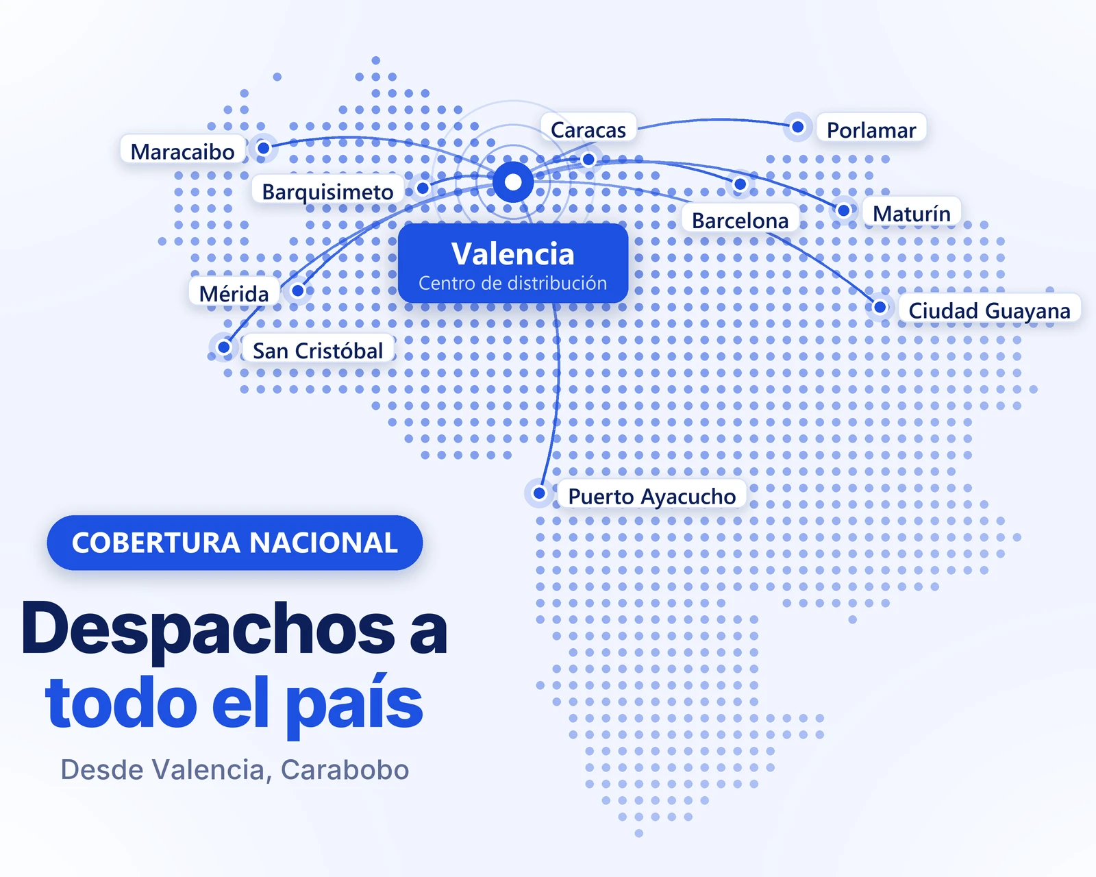 Mapa de Venezuela con despachos de Wired Connection desde Valencia a las principales ciudades del país